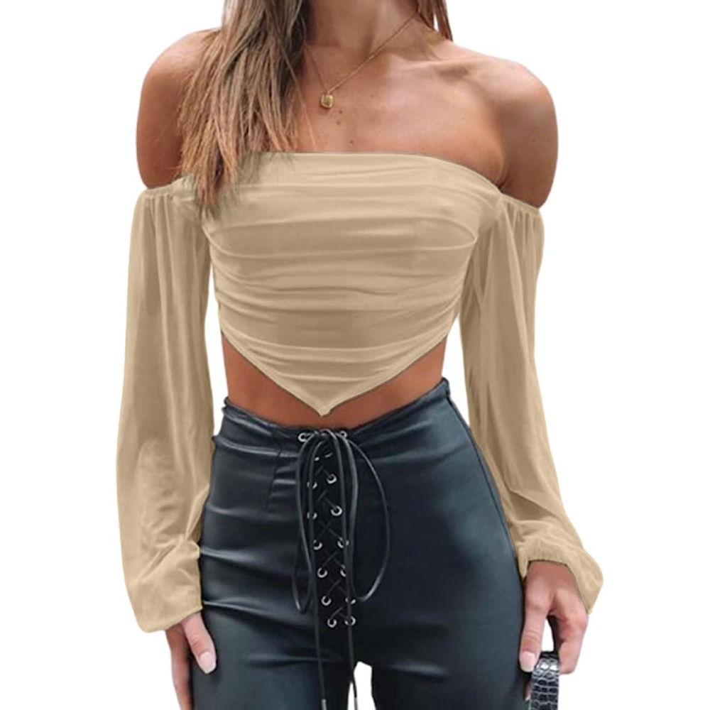 Avanova Women's Off Shoulder Asymmetrical Fit Long Sleeve Crop Top Khaki Small